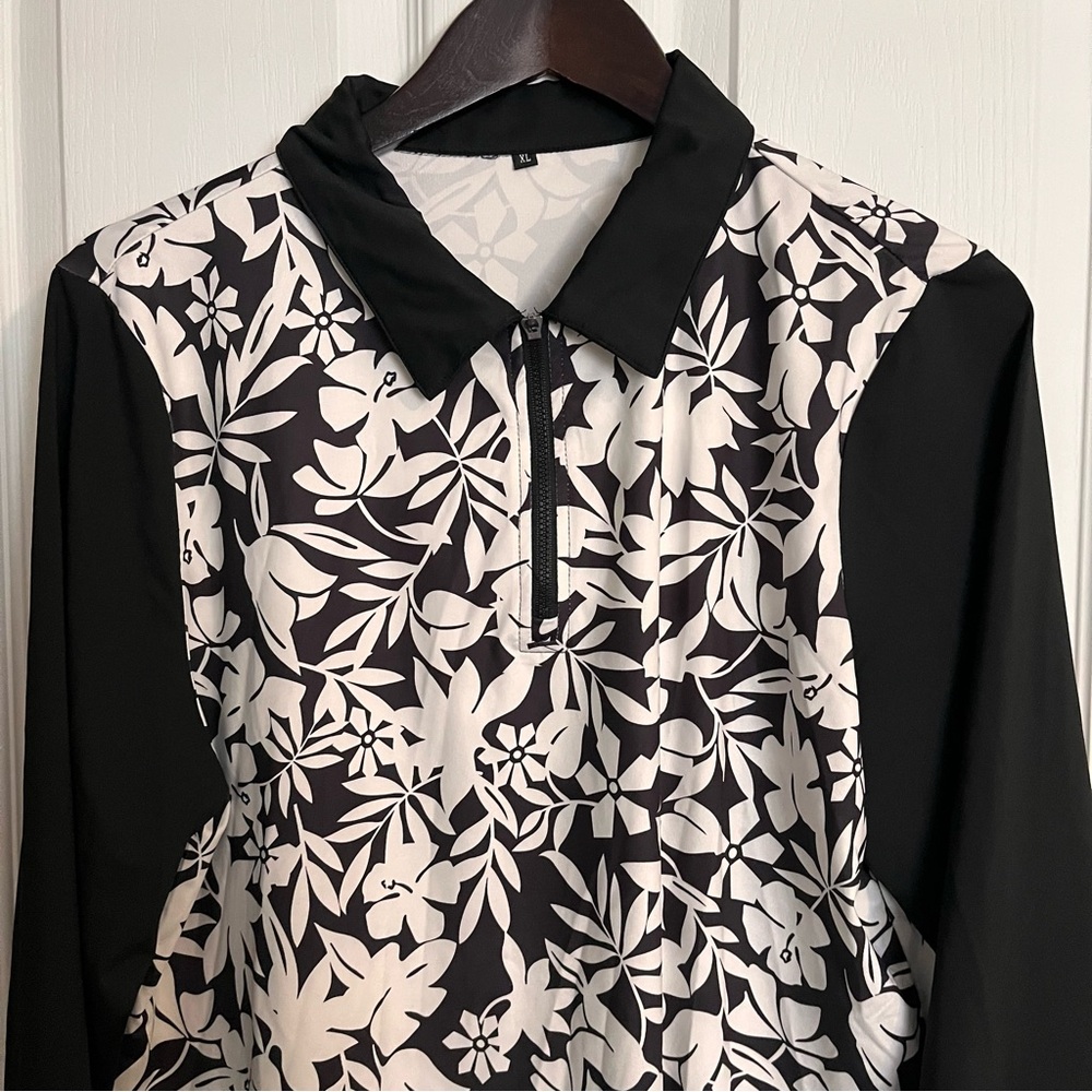 Soneven Black and White Floral 1/4 Zip Golf Polo Wicking Top Size XL - Picture 4 of 11